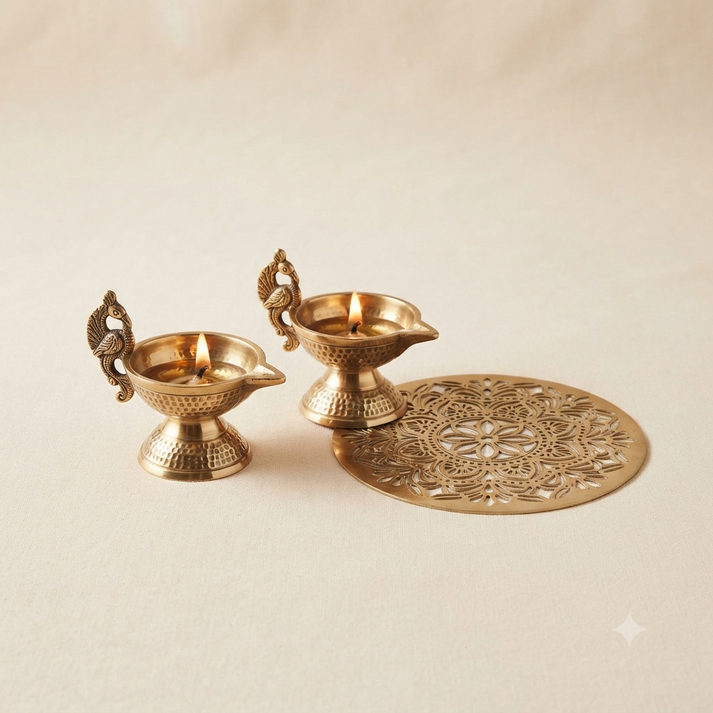 Brass Diya Set with Rangoli Stencil